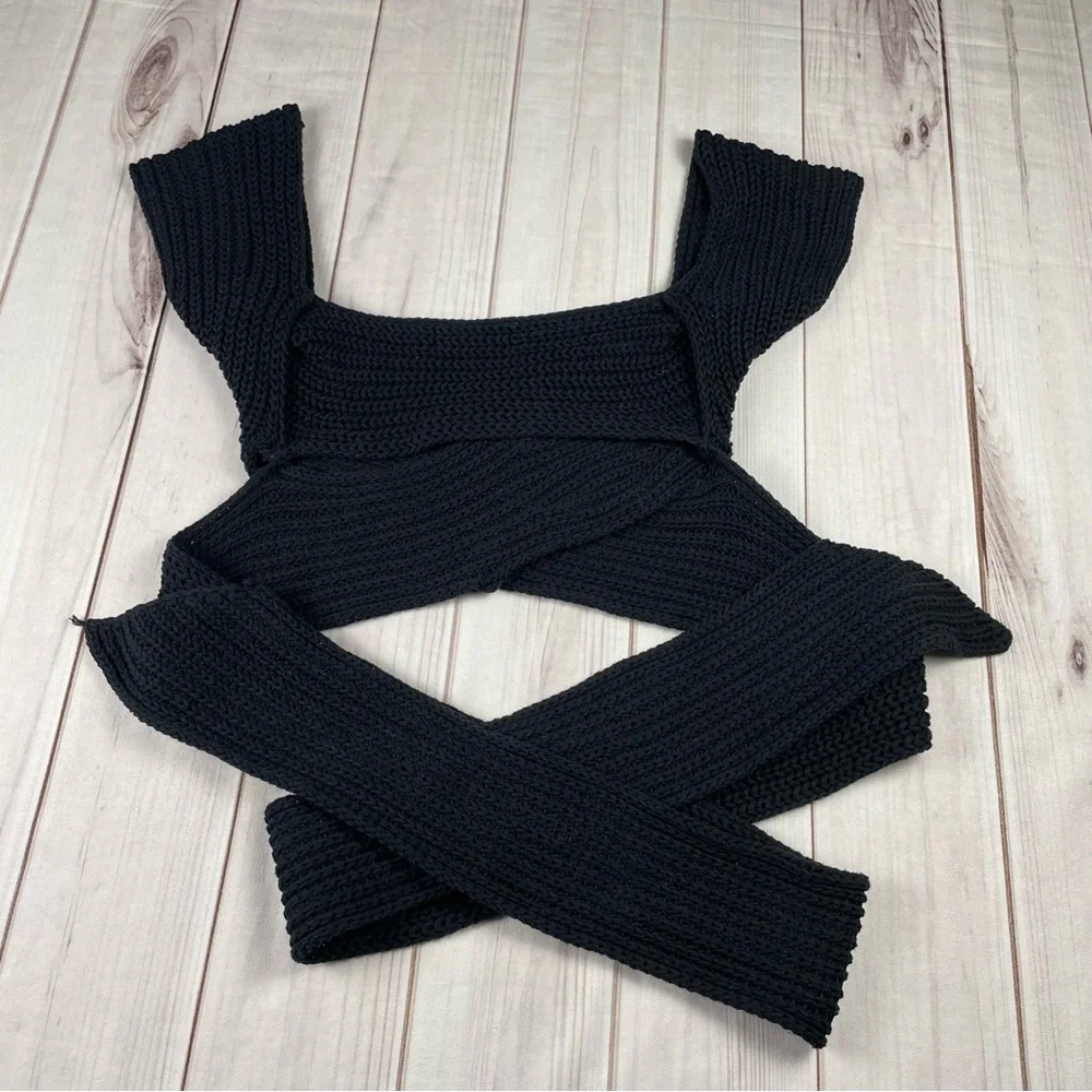 Atoir Tulip Chunky Knit Top Womens 6 Black Cropped Wrap Tie Surplice 100% Cotton - Picture 9 of 14